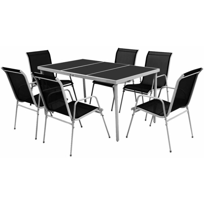 Garden en plein air Ensemble de restaurants 6 chaises + table noire Mobilier de salle à manger d'extérieur 7 pcs Acier Noir