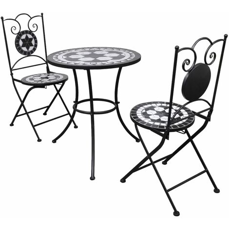 Vidaxl – Ensemble table et chaises de jardin 3 pcs – Carreaux céramiques noir et blanc – Cadre en fer enduit de poudre – Dimensions table 60x70cm
