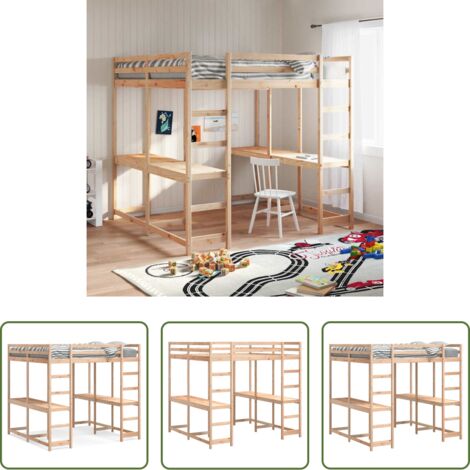 vidaXL Escalera -  Cama alta con escritorio y escalera madera maciza 140x200 cm