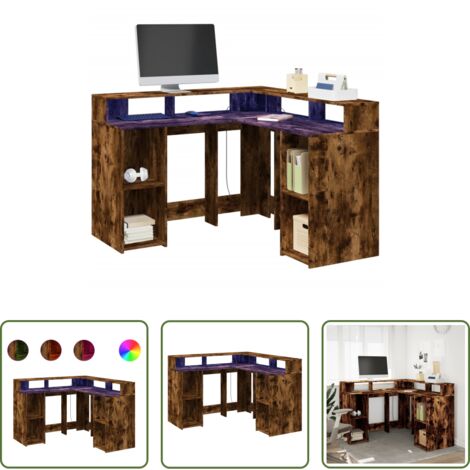 vidaXL Escritorio con compartimentos -  Escritorio con LED madera ingeniería roble ahumado 130x130x91cm