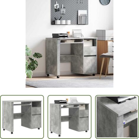 vidaXL Escritorio de computadora -  Escritorio con Ruedas con cajón Gris Concreto 91 x 50 x 77 cm