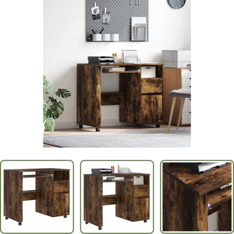 vidaXL Escritorio de computadora -  Escritorio con Ruedas con cajón Roble ahumado 91 x 50 x 77 cm