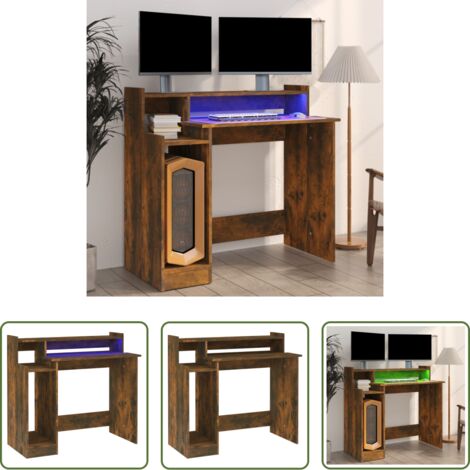 vidaXL Escritorio de estudio -  Escritorio con LED madera ingeniería roble ahumado 97x45x90 cm