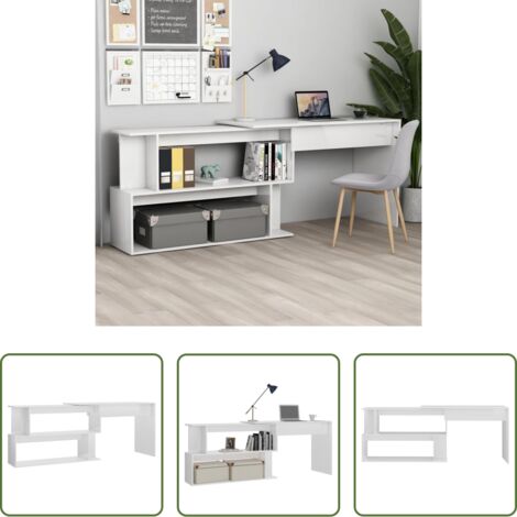 vidaXL Escritorio de madera -  Escritorio de esquina contrachapada blanco brillo 200x50x76 cm