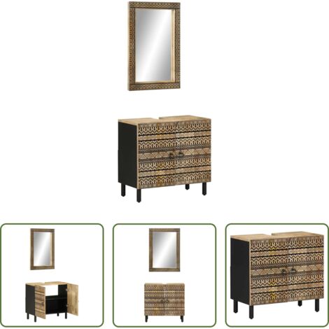 vidaXL Espejo de baño -  Conjunto de muebles de baño 2 piezas madera maciza de mango