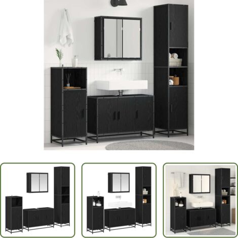 vidaXL Espejo de baño - Juego de muebles de baño 4 pcs Roble Negro Madera contrachapada