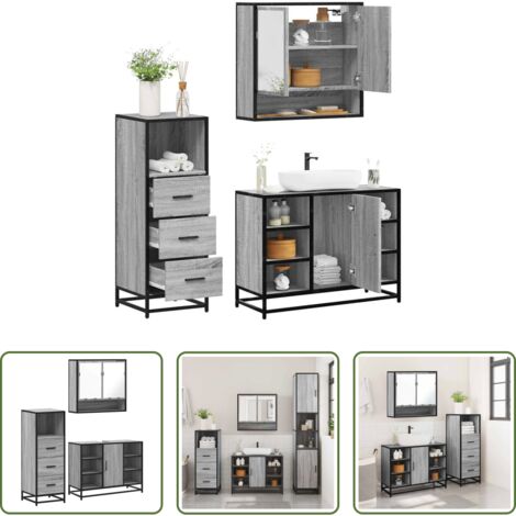 vidaXL Espejo de baño -  Set de muebles de baño 3 pzas madera contrachapada gris sonoma