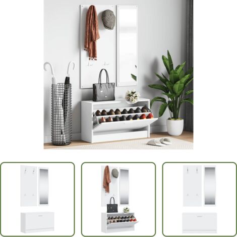 vidaXL Espejo de pared -  Set de mueble zapatero 3 en 1 madera contrachapada blanco