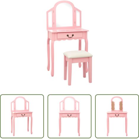 vidaXL Espejo ovalado -  Tocador y taburete madera paulownia y MDF rosa 65x36x128 cm