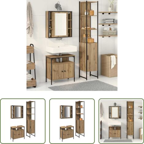 vidaXL Espejo plano -  Juego de muebles de baño con estante 3 pcs Roble artesanal