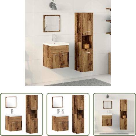 vidaXL Espejo plano -  Juego de muebles de baño con estante 4 pcs Madera vieja