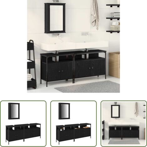 vidaXL Espejo plano -  Unidades de Tocador de Baño 3 pcs Negro Madera contrachapada