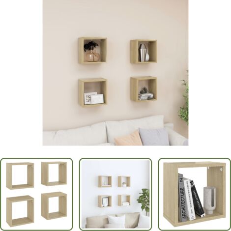 vidaXL Estantería colgante -  Estantes de cubo de pared 4 uds color roble 26x15x26 cm