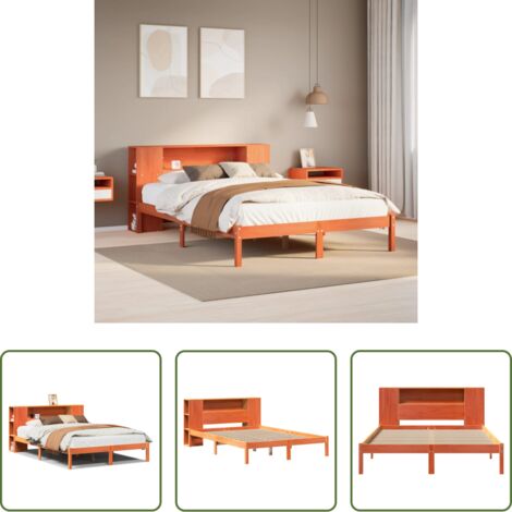 vidaXL Estantería de madera -  Cama con estantería sin colchón madera maciza marrón 150x200 cm