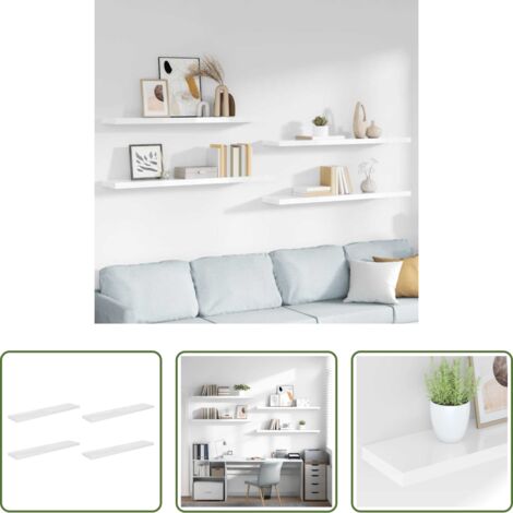 vidaXL Estantería de madera -  Estante flotante pared 4 uds MDF blanco brillo 120x23,5x3,8 cm