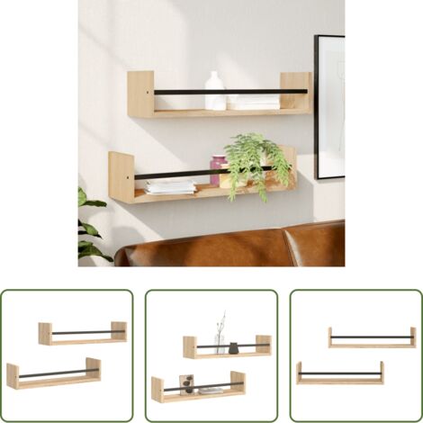 vidaXL Estantería de madera -  Estantes de pared con barras 2 uds roble Sonoma 60x16x14 cm