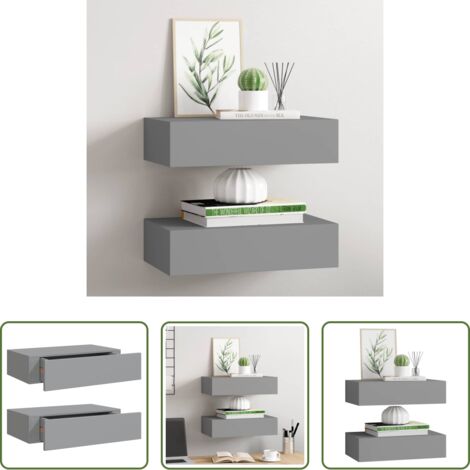 vidaXL Estantería flotante -  Estantes de pared con cajón 2 uds MDF gris 40x23,5x10 cm