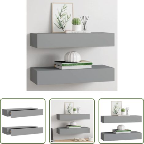 vidaXL Estantería flotante -  Estantes de pared con cajón 2 uds MDF gris 60x23,5x10 cm