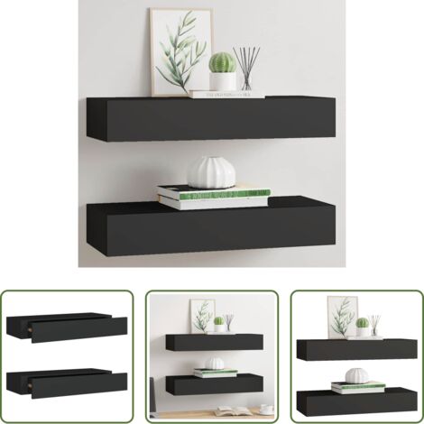 vidaXL Estantería flotante -  Estantes de pared con cajón 2 uds MDF negro 60x23,5x10 cm