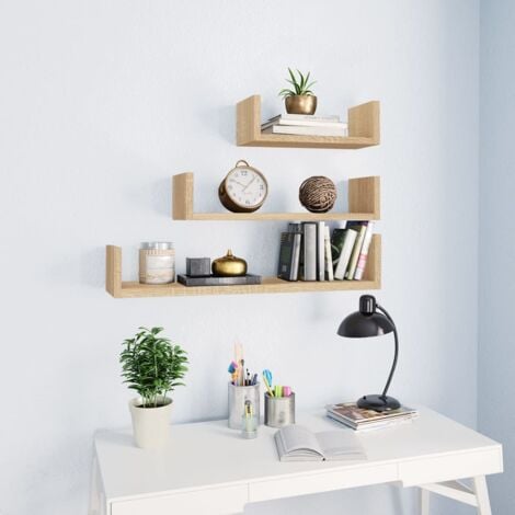 vidaXL Estantes de pared 3 piezas madera contrachapada color roble