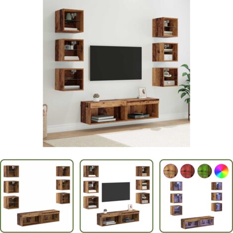 vidaXL Estantes de vidrio -  Mueble de TV con cajón 8 pcs Madera envejecida Cristal