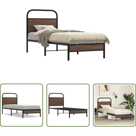 vidaXL Estructura de cama de acero -  Estructura de cama sin colchón 75x190 cm madera marrón roble