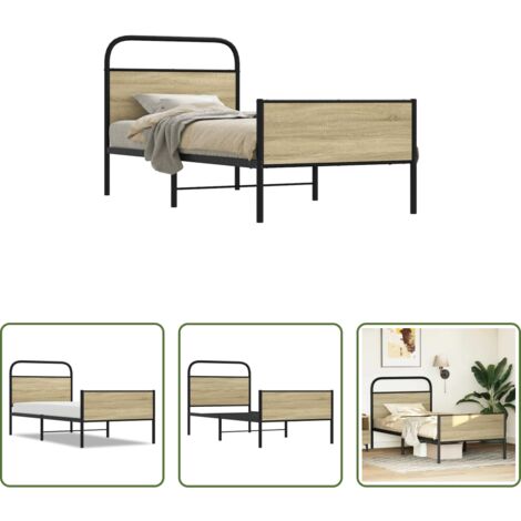vidaXL Estructura de cama de acero -  Estructura de cama sin colchón 75x190 cm madera roble Sonoma