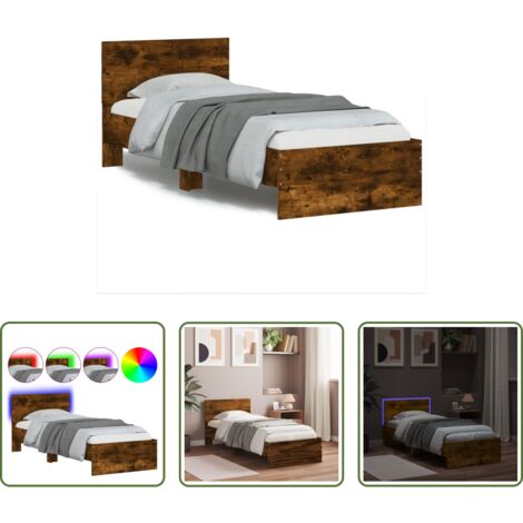 vidaXL Estructura de cama -  Estructura de cama cabecero luces LED roble ahumado 90x200 cm