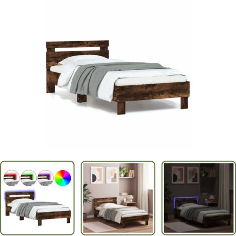 vidaXL Estructura de cama -  Estructura de cama cabecero luces LED roble ahumado 90x200 cm