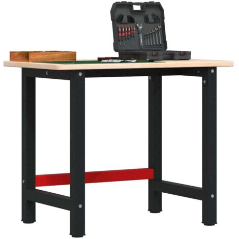 Vidaxl – Établi rectangulaire 100x60x81,5 cm – Bois de chêne massif – Épaisseur du plateau 2,5 cm – Pieds en métal noir et rouge