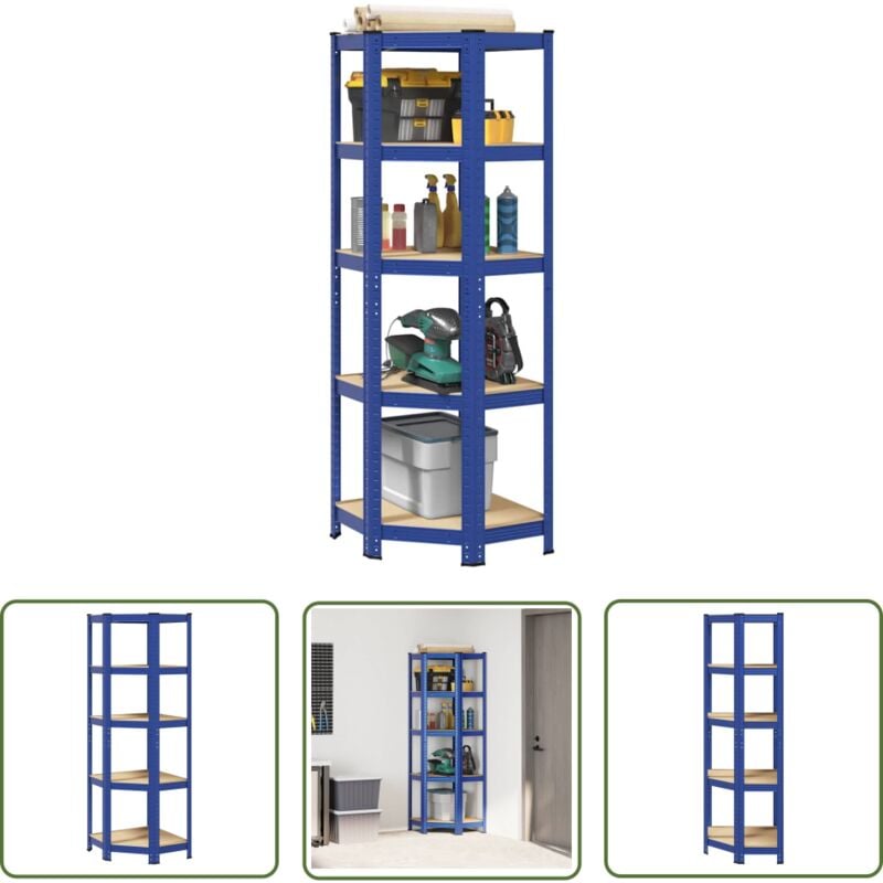 The Living Store - vidaXL Étagère d'angle à 5 niveaux Bleu Acier et bois d'ingénierie