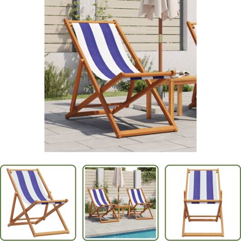 vidaXL Eucalipto -  Silla playa plegable madera maciza eucalipto y tela azul blanco