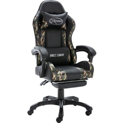 Vidaxl – Fauteuil de jeux vidéo avec repose-pied rétractable – Similicuir noir et camouflage – Réglable en hauteur – Pivotant 360° – 5 roulettes