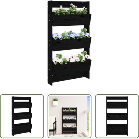 vidaXL Fioriera da giardino -  Fioriera a Muro 3Ripiani Nera 60x18,5x110cm Legno Massello Pino