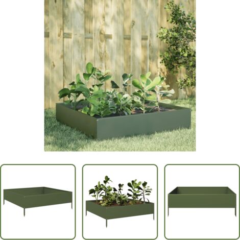 vidaXL Fioriera in acciaio -  Fioriera Rialzata Giardino Verde Oliva 100x100x33,5 cm Acciaio