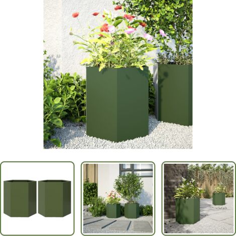 vidaXL Fioriere per piante -  Fioriere da Giardino 2pz Verde Oliva Esagono 46x40x45cm Acciaio
