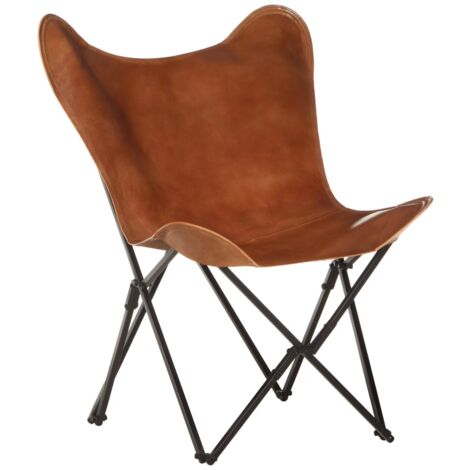 vidaXL Foldable Butterfly Chair Real Leather Brown - Brown