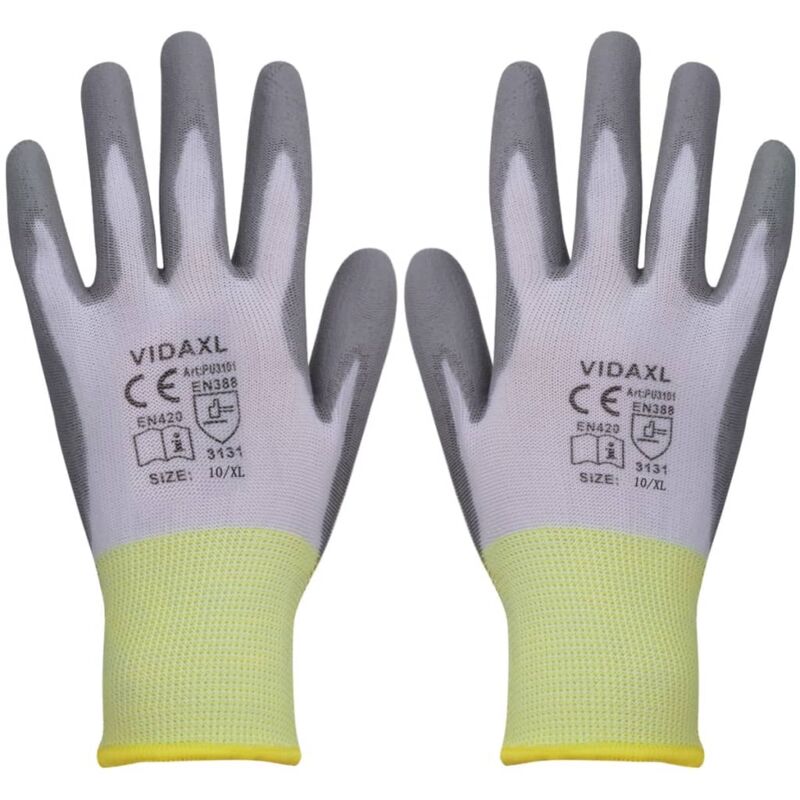 Gants de travail PU 24 paires Blanc et gris Taille 10/XL