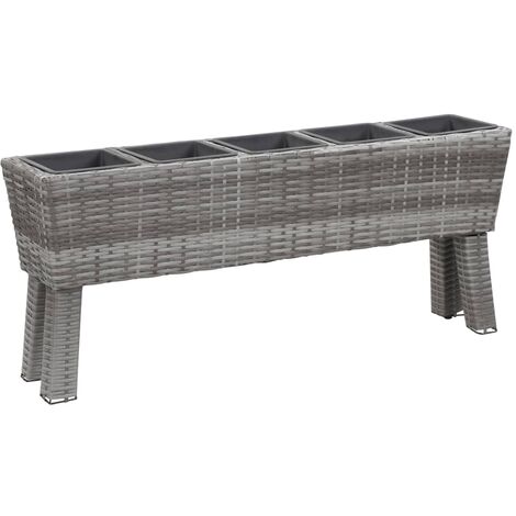 main image of "vidaXL Garden Raised Bed with Legs and 5 Pots 118x25x50 cm Poly Rattan Grey - Grey"