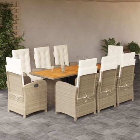 vidaXL Garten-Essgruppe mit Kissen 9-teilig beige Poly-Rattan