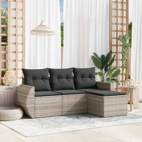 vidaXL Garten-Sitzgruppe 4-teilig mit hellgrauen Kissen aus geflochtener Rattan