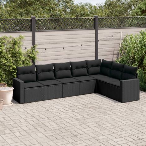 vidaXL Garten-Sitzgruppe 7 Teile mit Kissen Schwarz Geflecht
