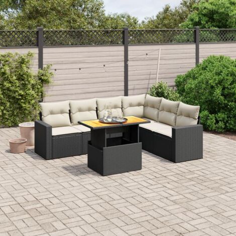 vidaXL Garten-Sitzgruppe 7-teilig mit Kissen Schwarz Geflecht