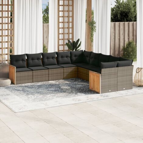 vidaXL Garten-Sitzgruppe mit 10 Kissen aus grauem, geflochtenem Material