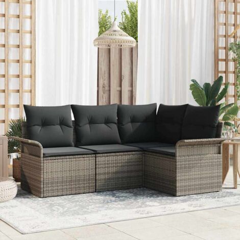vidaXL Garten Sofa Set 4-teilig Grau Polyesterkissen und Rattanbasis