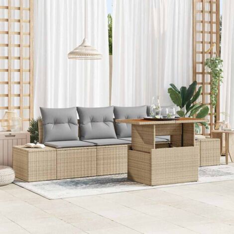 vidaXL Garten Sofa Set 5 Teile Beige Rattan Garten Esstisch Set