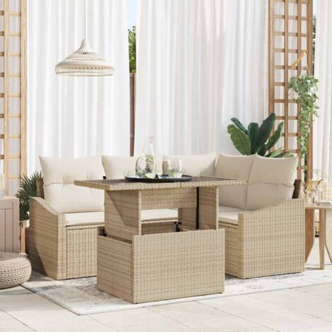 vidaXL Garten-Sofa-Set 5-teilig Beige Poly-Rattan, Glas Garten-Ecksofa
