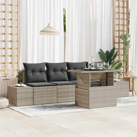 vidaXL Garten Sofa Set 5-teilig Beige Rattan, Polyester Gartenmöbel