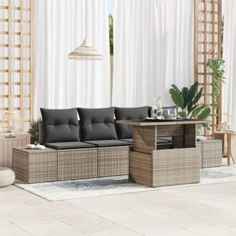 vidaXL Garten-Sofa-Set 5-teilig Grau Rattan, Polyester Garten-Sofa-Set