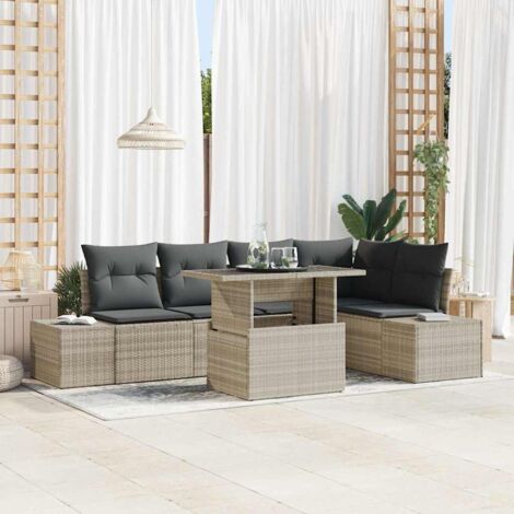 vidaXL Garten-Sofa-Set 6-teilig Beige, Grau Rattan, Polyester, Stahl